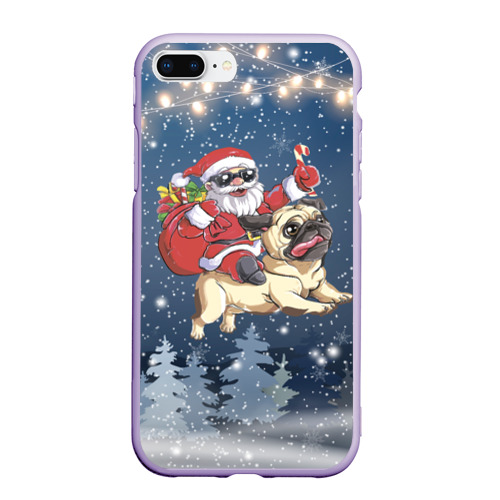 Чехол для iPhone 7Plus/8 Plus матовый Санта едет на мопсе, цвет светло-сиреневый