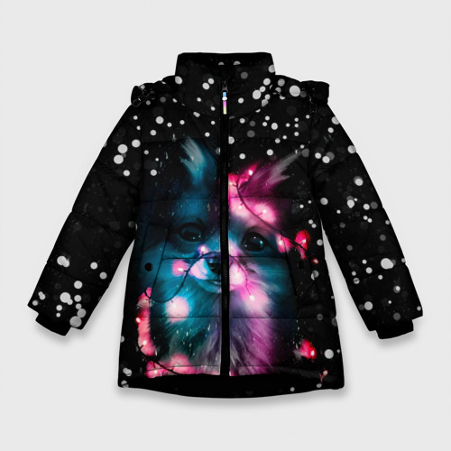 Зимняя куртка для девочек 3D с принтом Лисёнок новогодний, вид спереди #2
