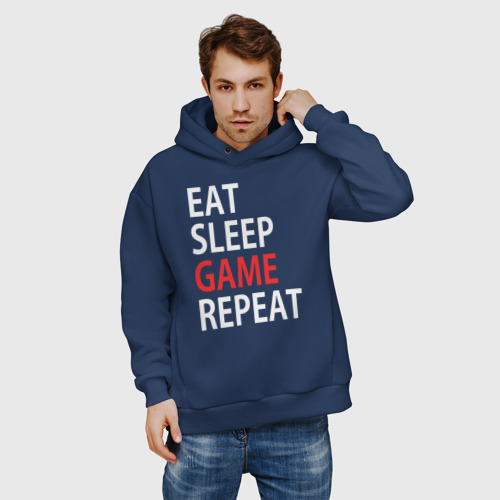 Мужское худи Oversize хлопок Eat sleep game repeat, цвет темно-синий - фото 3