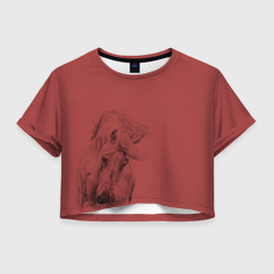 Женская футболка Crop-top 3D Конь на красном фоне