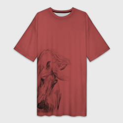 Платье-футболка 3D Конь на красном фоне