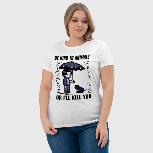 Женская футболка хлопок Be kind to animals or I'll kil, цвет белый - фото 6