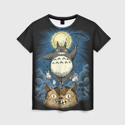 Женская футболка с принтом My Neighbor Totoro кот и заяц, вид спереди №1