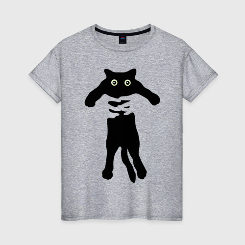 Женская футболка хлопок Черный кот в руках, цвет меланж