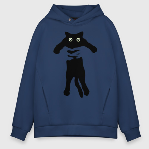 Мужское худи Oversize хлопок Черный кот в руках, цвет темно-синий