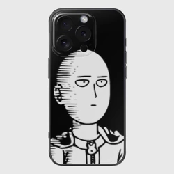 Чехол для iPhone 16 Pro силиконовый с защитой камеры Сайтама на черном фоне