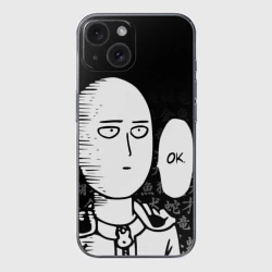 Чехол для iPhone 15 силиконовый с защитой камеры Ванпанчмен: Сайтама на фоне иероглифов