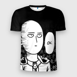 Мужская футболка 3D Slim Ванпанчмен: Сайтама на фоне иероглифов