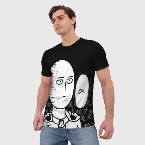Мужская футболка 3D Ванпанчмен: Сайтама на фоне иероглифов, цвет 3D печать - фото 3