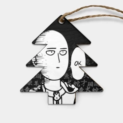 Игрушка деревянная Ёлочка Ванпанчмен: Сайтама на фоне иероглифов