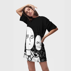 Платье-футболка 3D Ванпанчмен: Сайтама на фоне иероглифов - фото 2