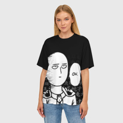 Женская футболка oversize 3D Ванпанчмен: Сайтама на фоне иероглифов - фото 2