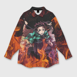 Мужская рубашка oversize 3D Kimetsu no Yaiba в огне