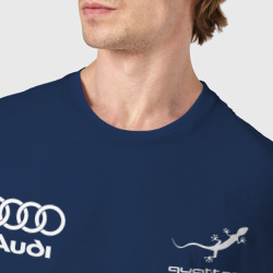 Футболка с принтом Audi Quattro для мужчины, вид на модели спереди №4. Цвет основы: темно-синий