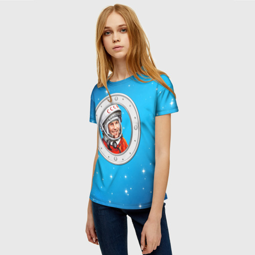Женская футболка 3D Улыбка Юрия Гагарина голубое небо, цвет 3D печать - фото 3