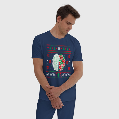 Мужская пижама хлопок Свитер с мозгом, цвет темно-синий - фото 3