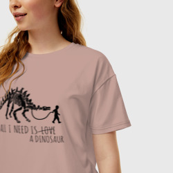 Футболка с принтом All a Need is dinosaur для женщины, вид на модели спереди №2. Цвет основы: пыльно-розовый