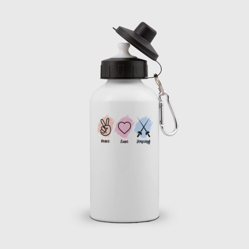 Бутылка спортивная с принтом Peace, love, fencing, вид спереди №1