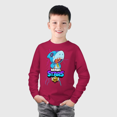 Детский лонгслив хлопок с принтом BRAWL STARS LEON SHARK | ЛЕОН АКУЛА, фото на моделе #1