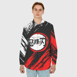 Мужская рубашка oversize 3D Kimetsu no Yaiba белокрасные полосы - фото 2