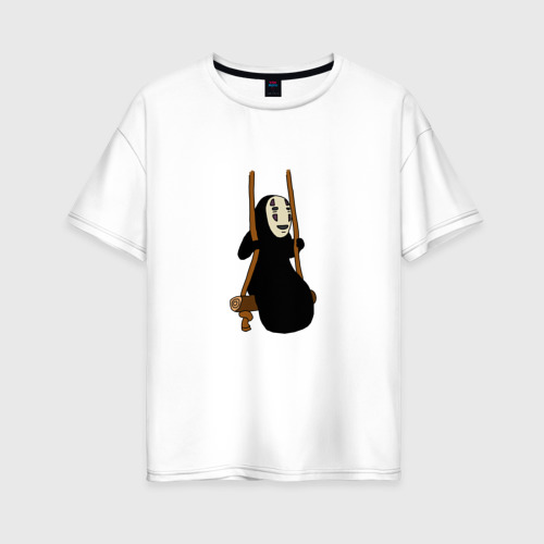 Женская футболка оверсайз из хлопка с принтом Веселый Безликий на качелях, вид спереди №1
