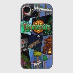 Чехол для iPhone 15 Pro силиконовый с защитой камеры Terraria коллаж с боссами