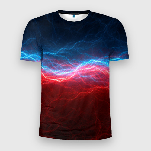 Мужская футболка 3D Slim с принтом Синяя и красная молния, вид спереди #2