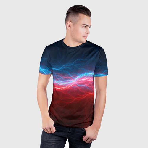 Мужская футболка 3D Slim с принтом Синяя и красная молния, фото на моделе #1