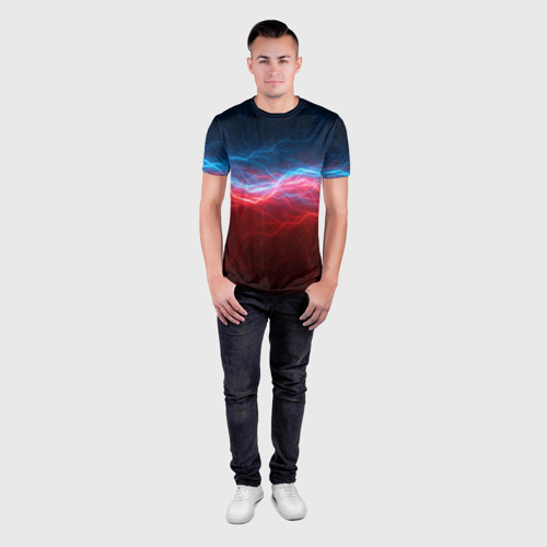Мужская футболка 3D Slim с принтом Синяя и красная молния, вид сбоку #3