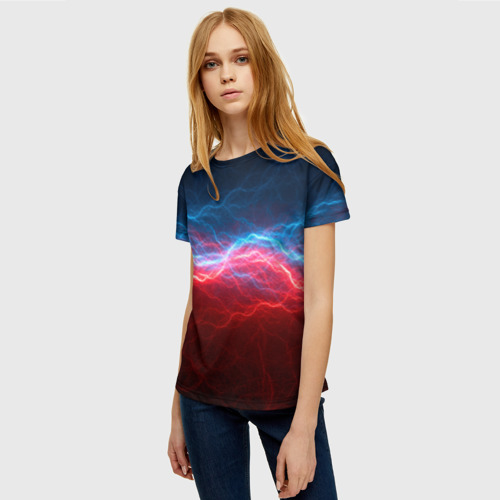 Женская футболка 3D с принтом Синяя и красная молния, фото на моделе #1