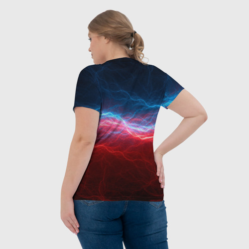 Женская футболка 3D с принтом Синяя и красная молния, вид сзади #2