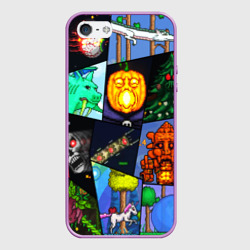 Чехол для iPhone 5/5S матовый Terraria все персонажи паттерн-коллаж пиксели