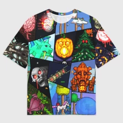 Женская футболка oversize 3D Terraria все персонажи паттерн-коллаж пиксели