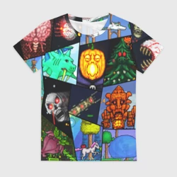 Женская футболка 3D Terraria все персонажи паттерн-коллаж пиксели