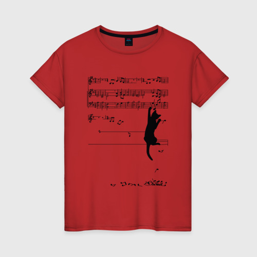 Женская футболка хлопок Music cat, цвет красный