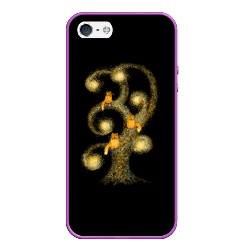 Чехол для iPhone 5/5S матовый Коты на дереве, цвет фиолетовый