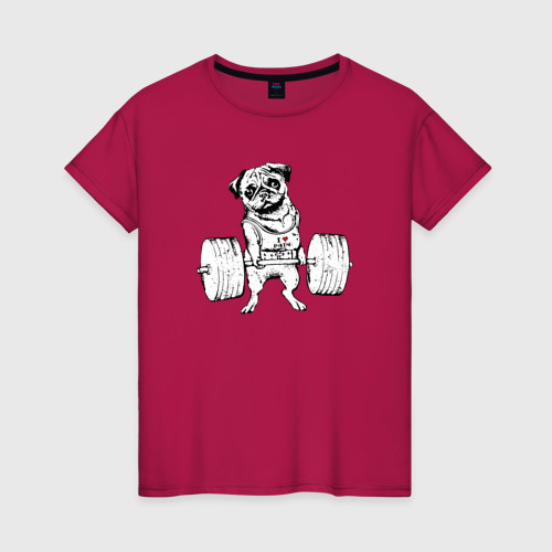 Женская футболка хлопок Мопс пауэрлифтер, цвет маджента