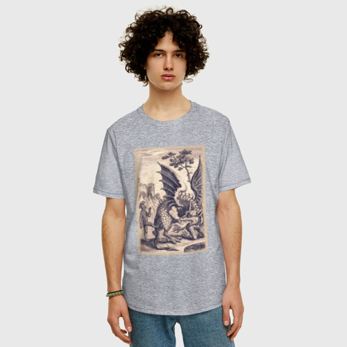 Мужская футболка хлопок Oversize Рыцарь, пинающий Дракона, цвет меланж - фото 3
