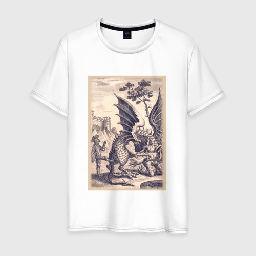 Мужская футболка из хлопка с принтом Рыцарь, пинающий Дракона, вид спереди №1