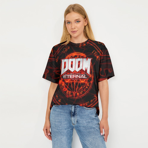 Женская футболка oversize 3D Doom и пентаграмма, цвет 3D печать - фото 5