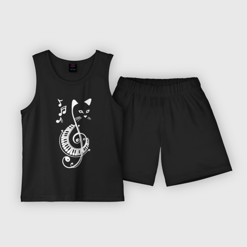 Детская пижама с шортами хлопок Котик музыкальный белый, цвет черный