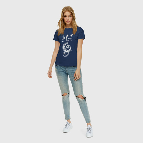 Женская футболка хлопок Котик музыкальный белый, цвет темно-синий - фото 5