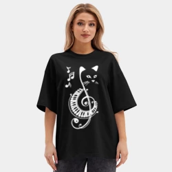 Женская футболка Oversize хлопок premium Котик музыкальный белый - фото 2