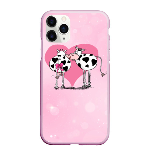 Чехол для iPhone 11 Pro Max матовый Влюбленные  коровы , цвет розовый