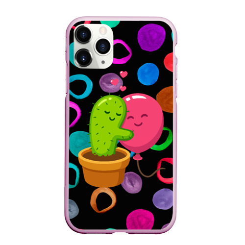 Чехол для iPhone 11 Pro Max матовый Влюбленные кактус и шарик, цвет розовый