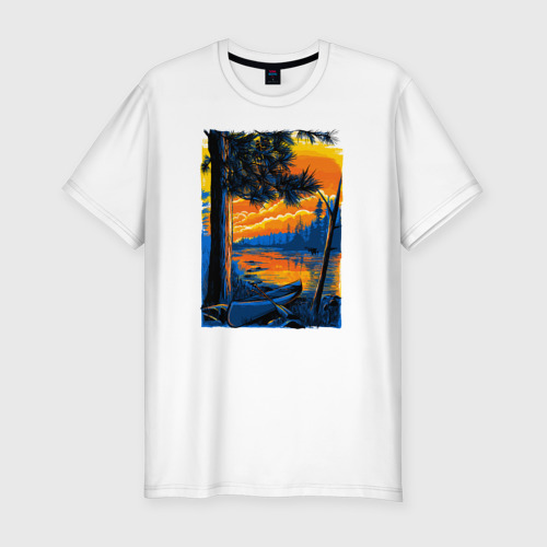 Мужская приталенная футболка из хлопка с принтом Байдарка на берегу реки, вид спереди №1