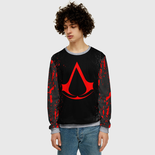 Мужской свитшот 3D Assassin`s Creed red logo, цвет меланж - фото 3