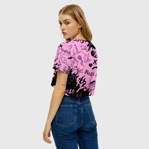 Женская футболка Crop-top 3D LIL Peep Pink tattoo Лил Пип паттерн розовый тату, цвет 3D печать - фото 5