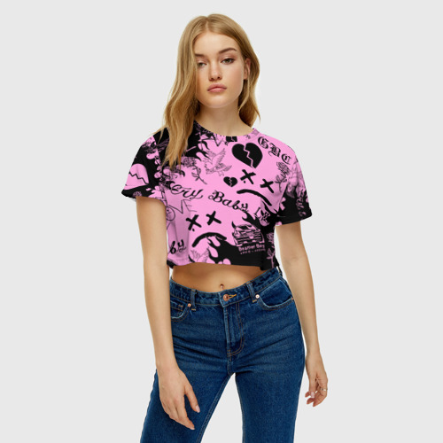 Женская футболка Crop-top 3D LIL Peep Pink tattoo Лил Пип паттерн розовый тату - фото 3