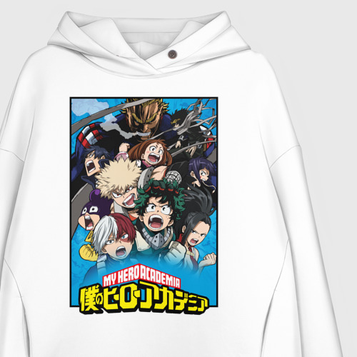 Женское худи Oversize хлопок My hero academia коллаж из героев на синем, цвет белый - фото 3